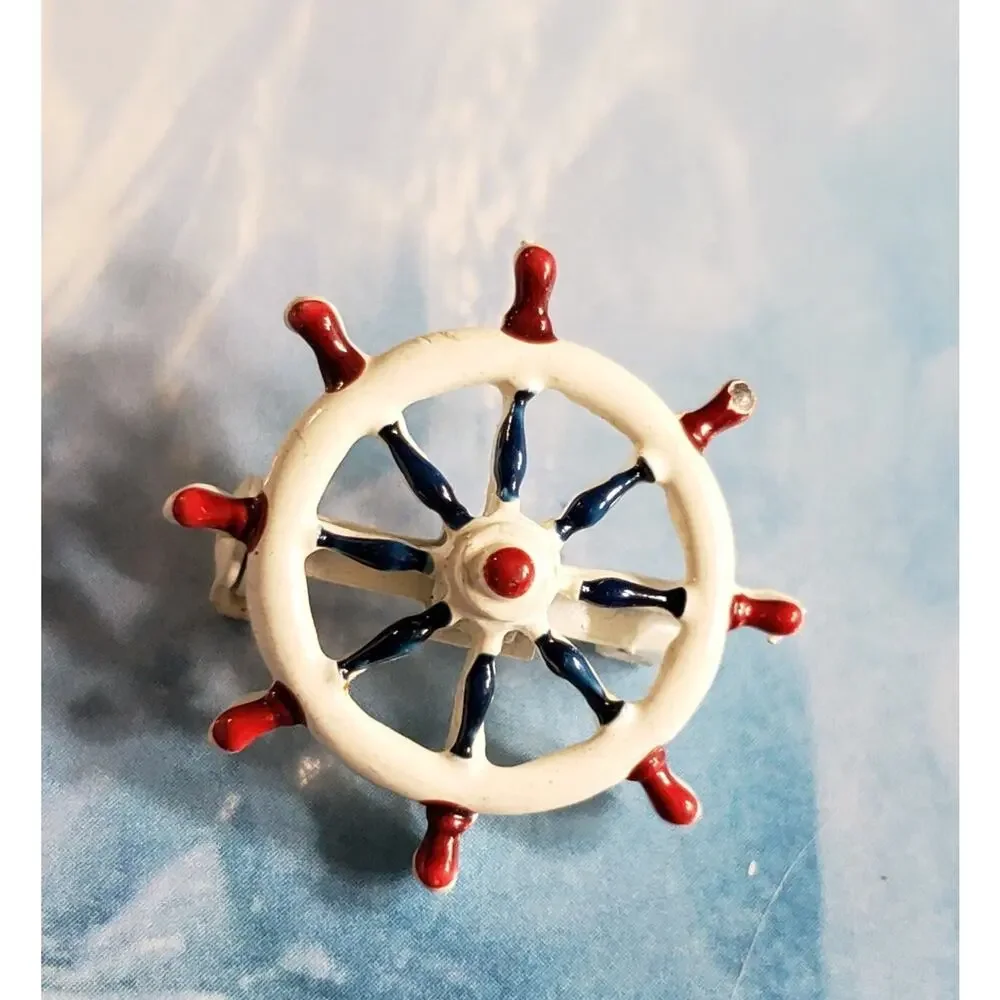 Small Vintage Nautical Pin Red‎ White Blue Enamel Ships Wheel Brooch sob-